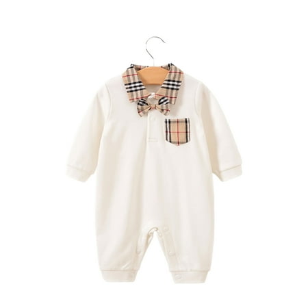 

Baby Boys Romper Overalls Gentleman Long Sleeve Turndown Collar Shirt Cotton Outfits Infant Clothes White&Lattice 0-3 Months/59
