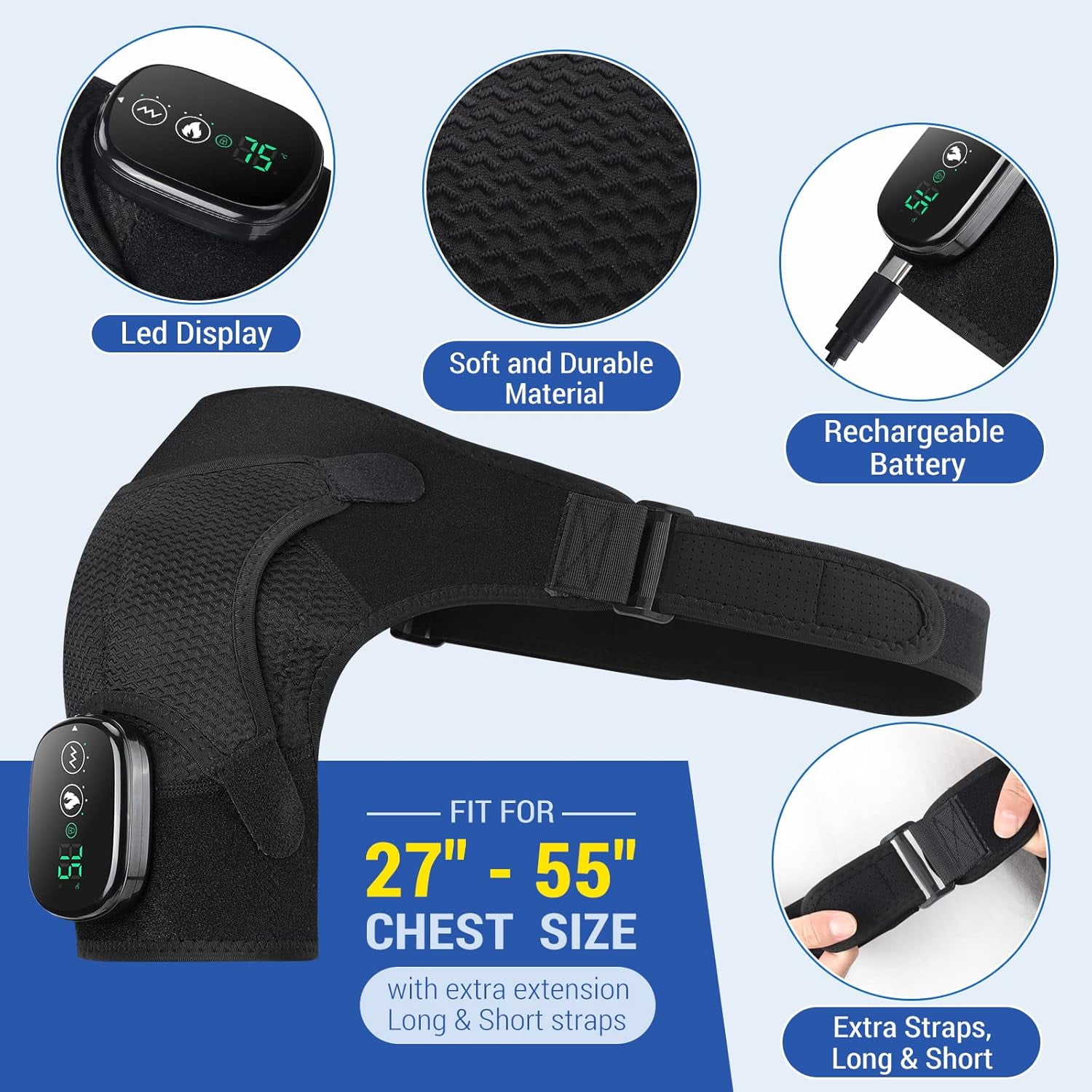 Cordless Shoulder Heating Pad, Shoulder Heated Wrap, Shoulder Heated Massage Brace with 3 Heat & Vibration Levels, Adjustable Straps for Men & Women, 5000mAh Battery, Overheat Protection, Black
