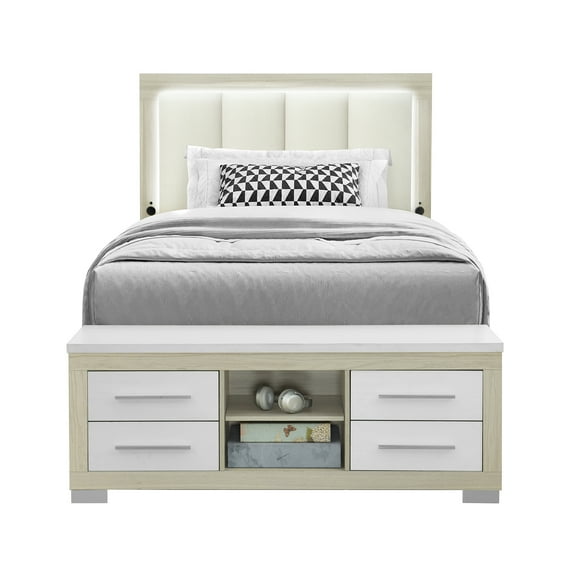 Emma Natural and White Wood Full Bed with LED and USB