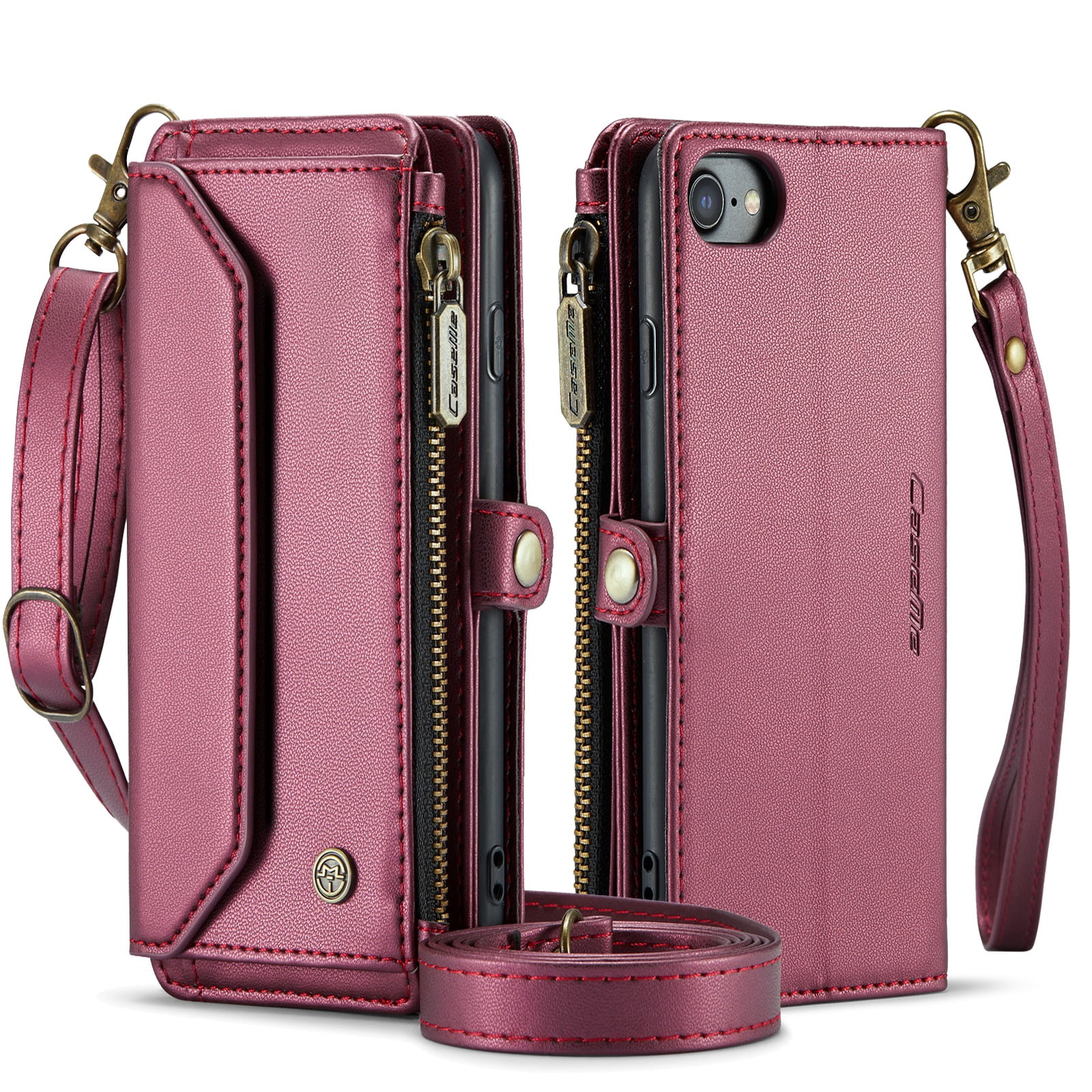 ShellTech Crossbody Wallet Women Men Case for iPhone 7/8/SE 2nd/3rd Gen,Magnetic Leather Flip Case RFID Blocking 7-Card Holder Zipper Wallet Cash Pocket Stand Cover with Shoulder Wrist Strap,Winered