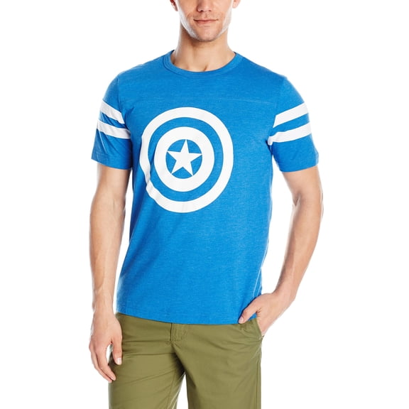 Captain America (Marvel Comics) Mens T-Shirt -Striped Sleeves Simple White Shield Logo