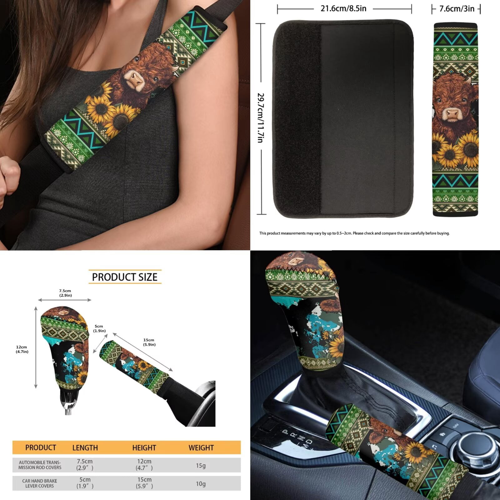 FKELYI 16 Pcs Auto Interior Set Car Seat Covers with Steering Cover Seat Belt Pads American Tribal Sunflower Highland Cow Print Armrest Pad Coasters Handbrake Covers Gear Shift Knob Sleeve