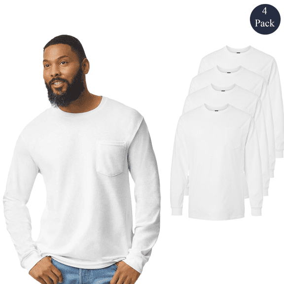 Gildan Men Ultra Cotton Long Sleeve T-Shirt, Crew Neck Classic Fit Pocket White Blank Tee 4-Pack S