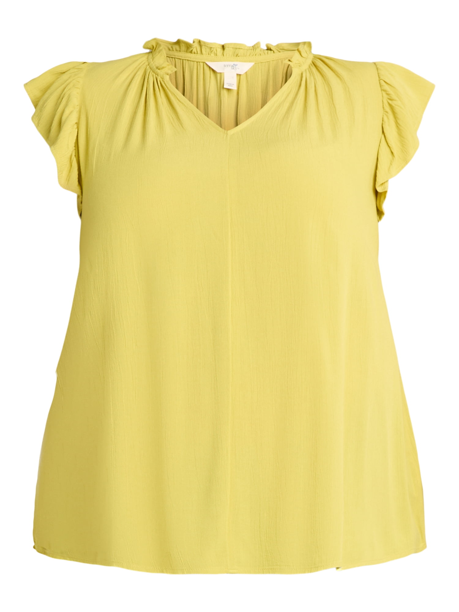 Terra & Sky Women's Plus Size Ruffle Neck Blouse with Flutter Sleeves, Sizes 0X-5X