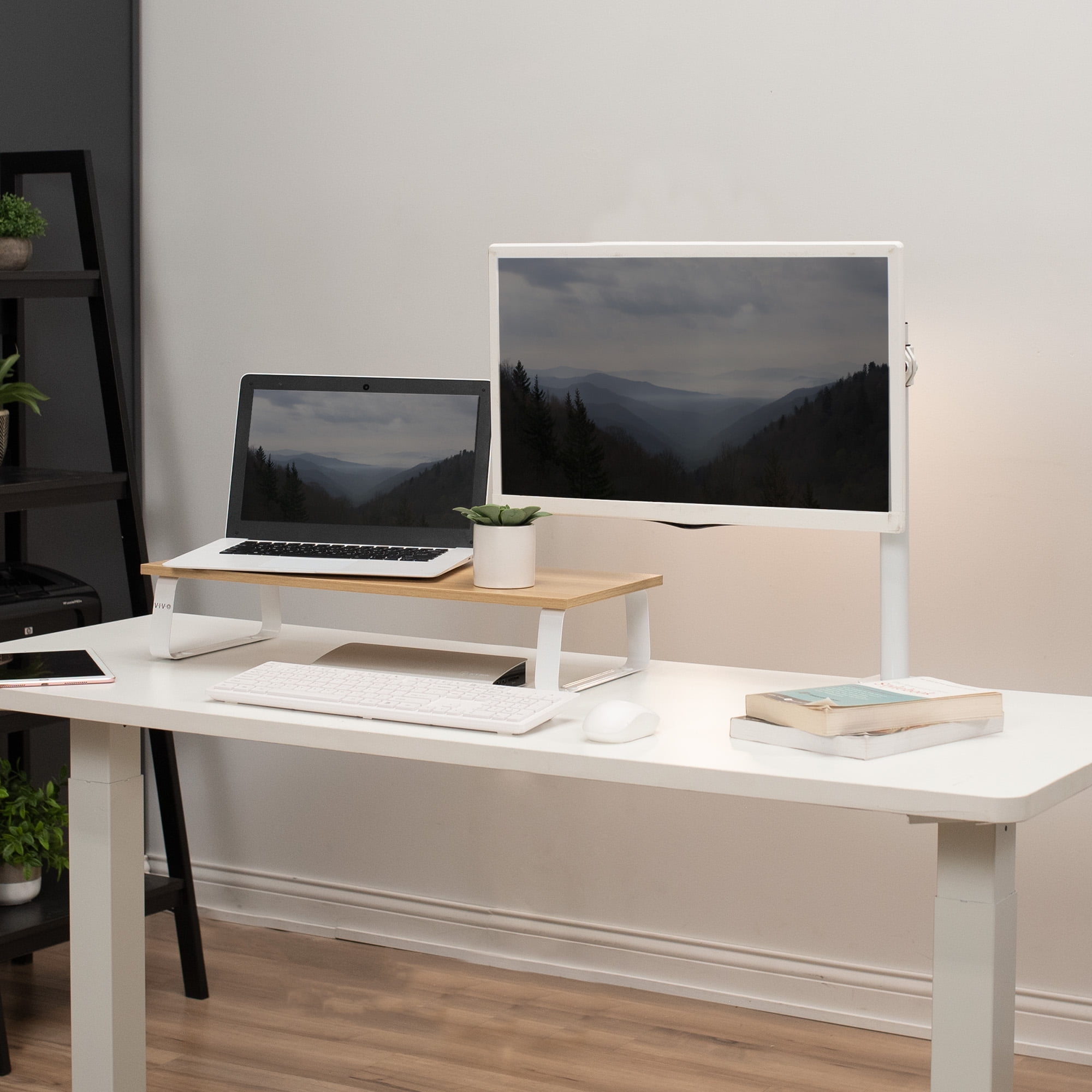 VIVO 24" Desktop Stand Organizer, TV Monitor Riser, Light Wood Top, White Legs