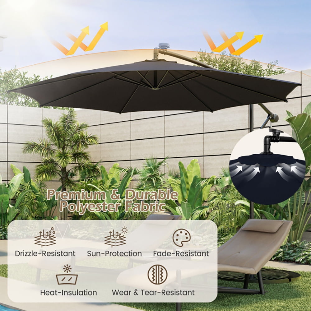 Aimee Lii 10 Feet Patio Offset Umbrella with 112 Solar-Powered LED Lights, Sunbrella Patio Umbrellas, Navy