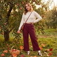 thumbnail image 3 of Satingcolo Linen Pants Women Wide Leg Ruffle Hem Pull On High Waisted Elastic Waist Cropped Ankle Casual Beach Summer Pants Wine S, 3 of 8