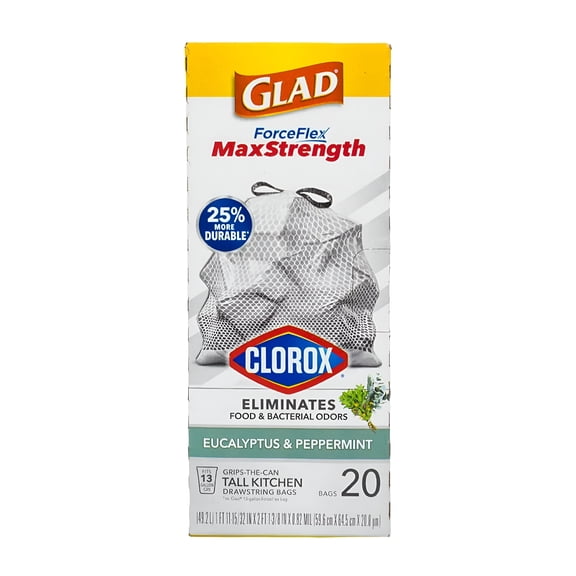Glad ForceFlex MaxStrength with Clorox Trash Bags, 13 Gal, Eucalyptus & Peppermint, 20 Pcs