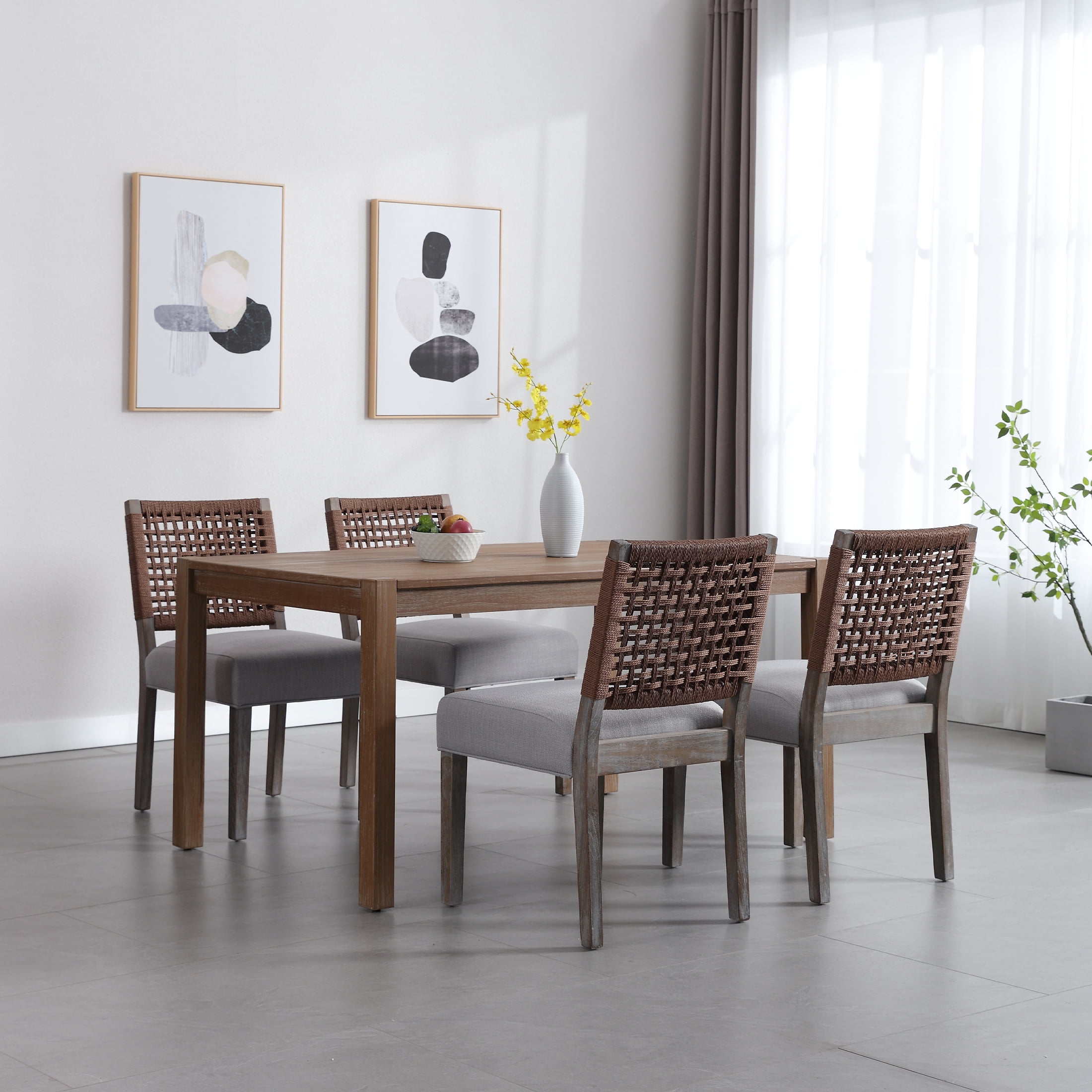 Guyou Farmhouse Dining Chairs Set of 6, Linen Upholstered Kitchen Chairs with Woven Rope Backrest, Mid Century Modern Solid Wood Side Chairs for Kitchen Dining Room, Grey
