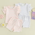 thumbnail image 3 of Douhoow Toddler Girl Summer Stripe Clothes Baby Ruffle Ribbed Short Sleeve T-Shirts + Elastic Waist Shorts, 3 of 9