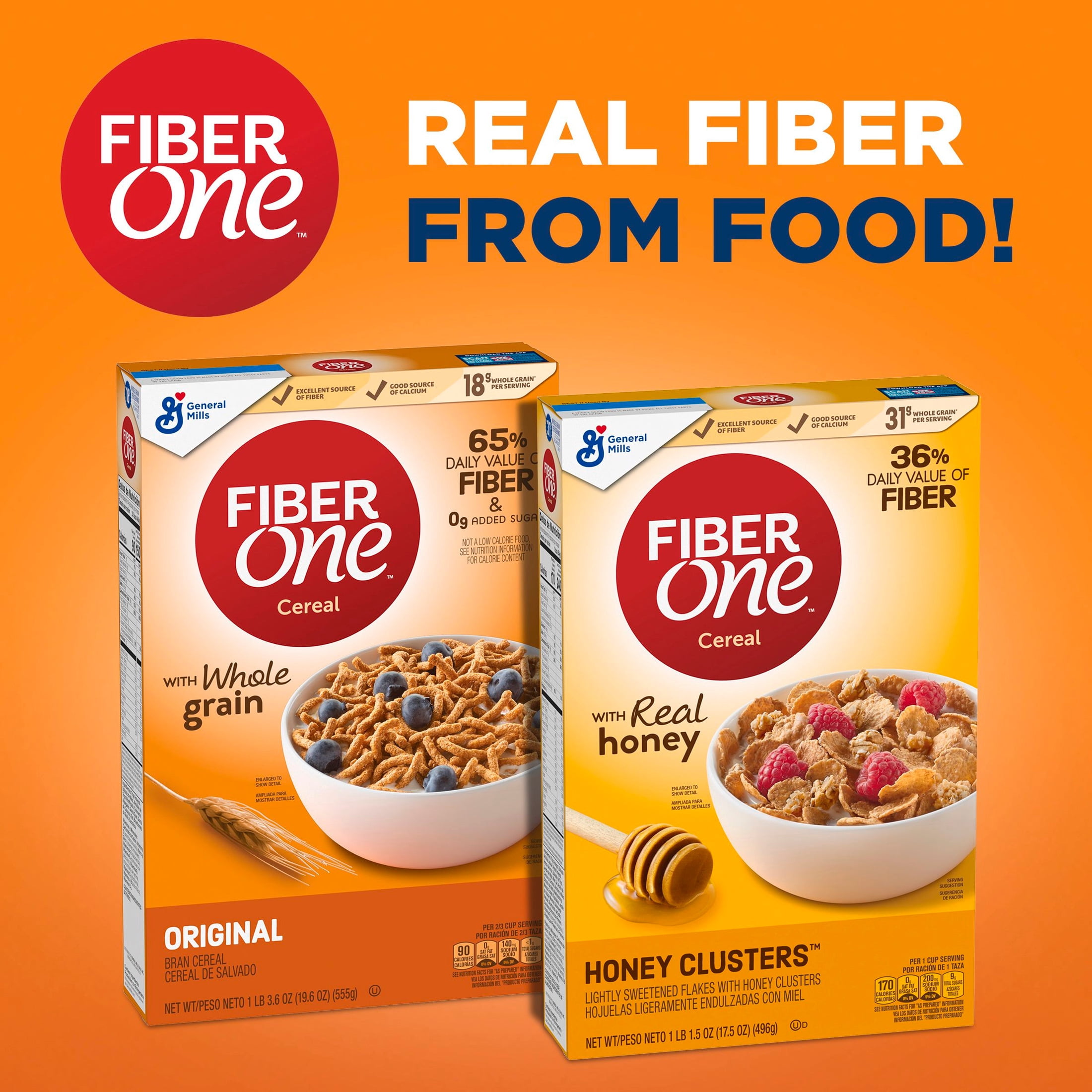 Fiber One Honey Clusters Breakfast Cereal, Fiber Cereal Made with Whole Grain, 17.5 oz