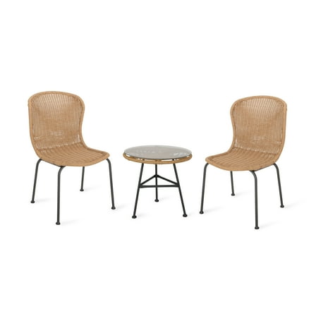 Kaceon Outdoor Boho Wicker 3 Piece Chat Set, Light Brown and Black