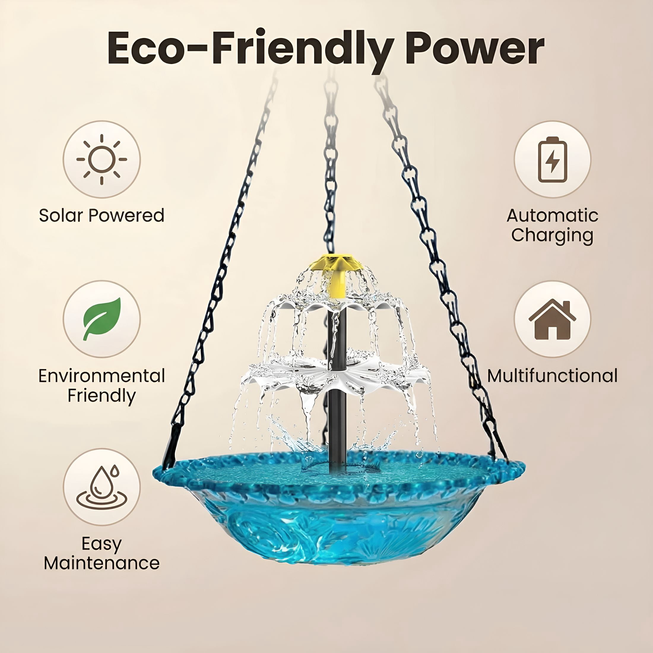 HIBIBUD Solar Cascade Hanging Bird Bath Fountain with Solar Pump & Glass Bowl for Outdoor Garden Decor