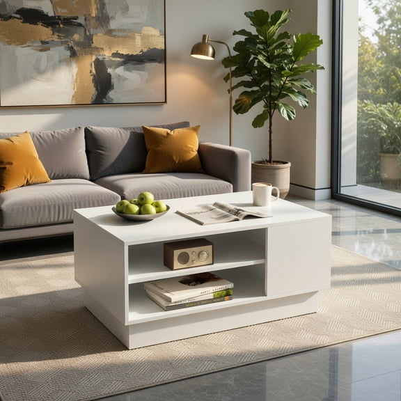 Resenkos Center Coffee Table, Living Room Table,Modern Coffee Table with 2-Tier Open Storage Shelves-White