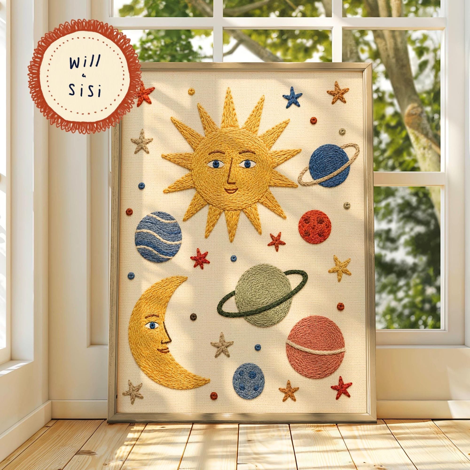 Playful Space Nursery Wall Art Printed Kids Room Decor Sun Moon Planet Artwork Playroom Poster Toddler Bedroom Print | 27, Poster Only