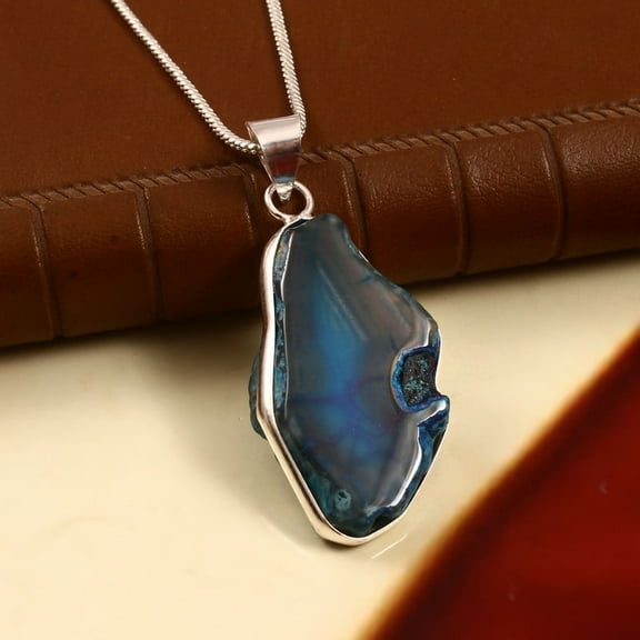 Gems N Jewels Genuine Blue Agate Pendant 925 Sterling Silver Necklace Gift Jewelry