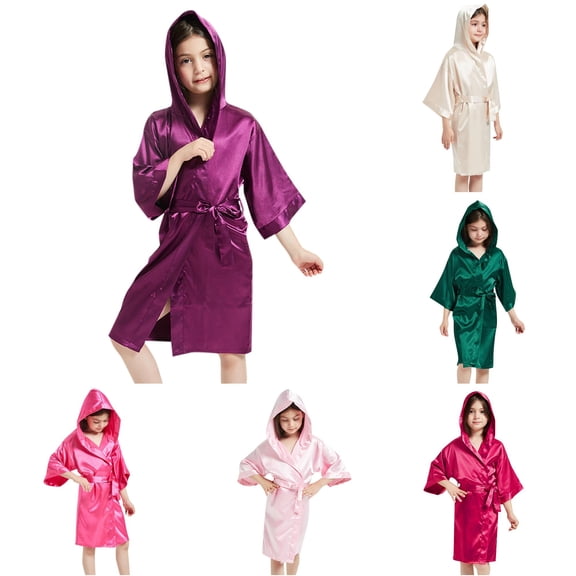 REDARER Boys Girls Solid Satin Hooded Robe 3/4 Wide Sleeve Self Belt Soft Silky Kids Bath Spa Sleep Kimono Cover Up,4-5 Years