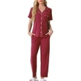 thumbnail image 2 of Conjunto de pijama para mujer INSPIRE CHIC, botón, suave, de manga corta, ropa de dormir, pantalones largos, conjunto de 2 piezas, rojo, 2 of 6