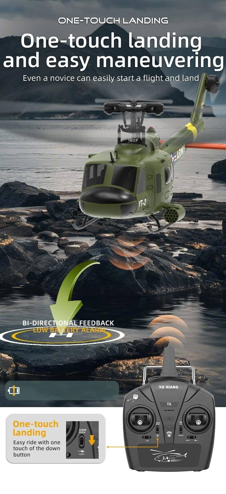 UH-1D RC Helicopter for Adults - 1/34 Scale 2.4G 6CH Brushless Flybarless Model with 6-Axis Gyro (Includes 2 Batteries) - Perfect for Hobbyists and Collectors