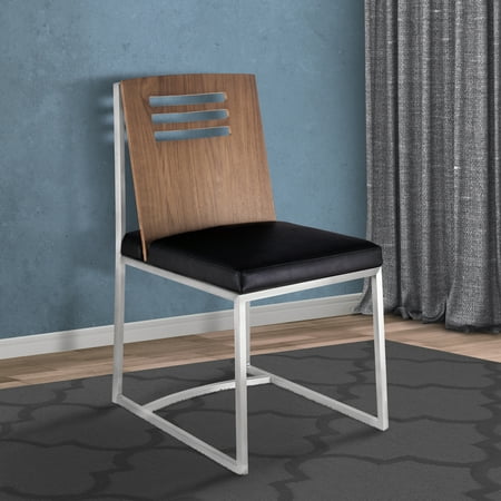 Armen Living Oxford Dining Chair in Brushed Stainless Steel with Vintage Black Faux Leather and Walnut Wood Back (Set of 2)
