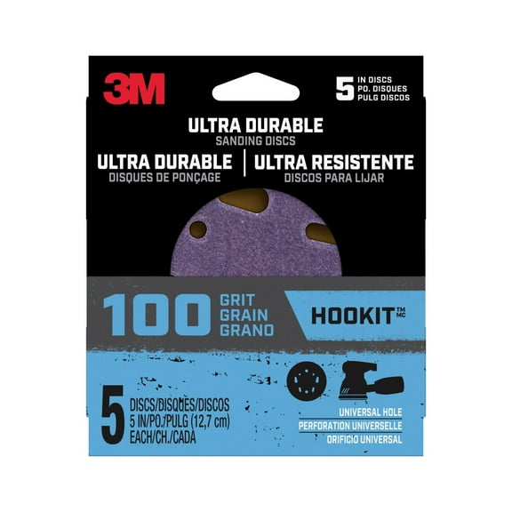 3M Sanding Discs, 100 Grit, 5 inch, Universal Hole, Ultra Durable, Orbital Sanders, 5 pack