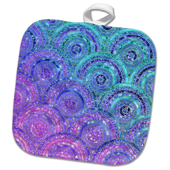 3dRose, Trendy Teal Purple Feminine Faux Glitter Dot Circle Pattern, 8x8 Potholder