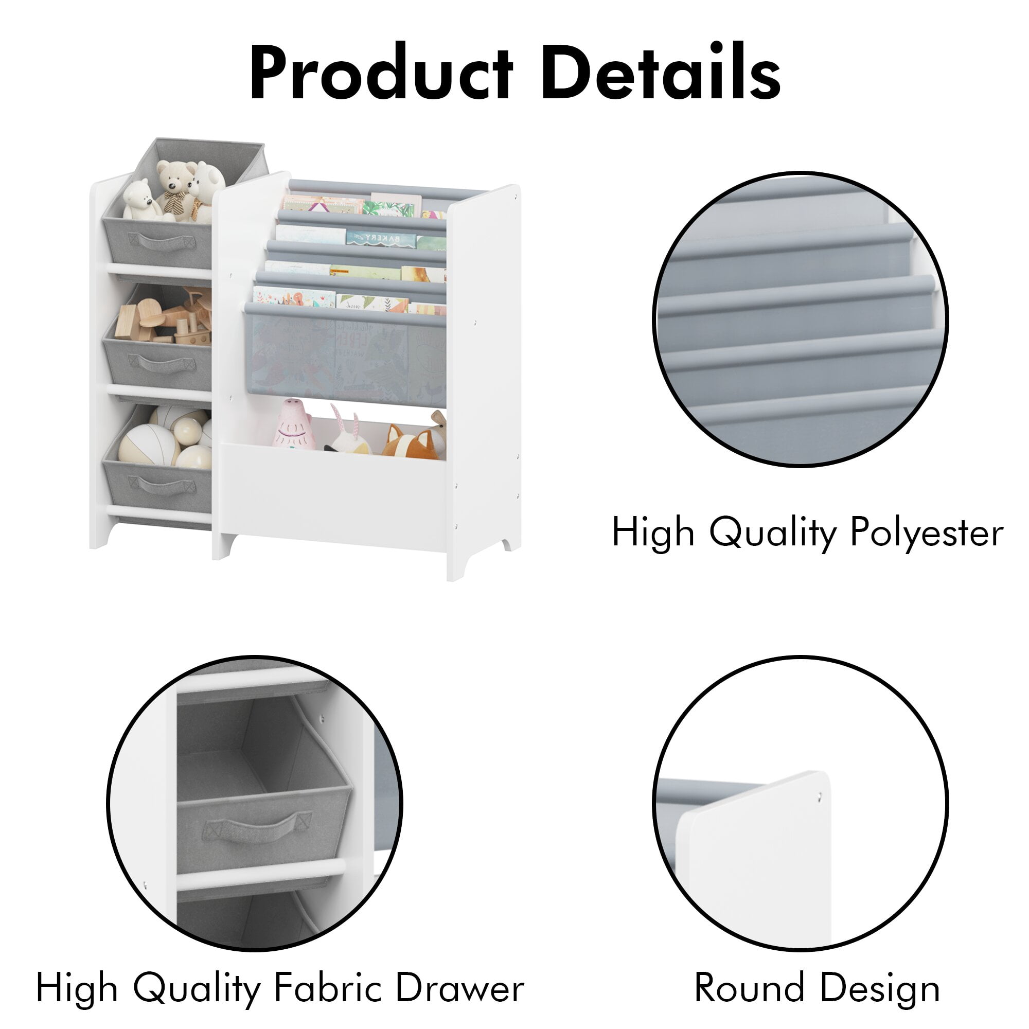 Yoneston Kids Bookshelf and Toy Storage Organizer, Multifunctional 4 Tier Kids Bookcase with 3 Collapsible Fabric Drawers for Children Toddler Bedroom Playroom Nursery, White