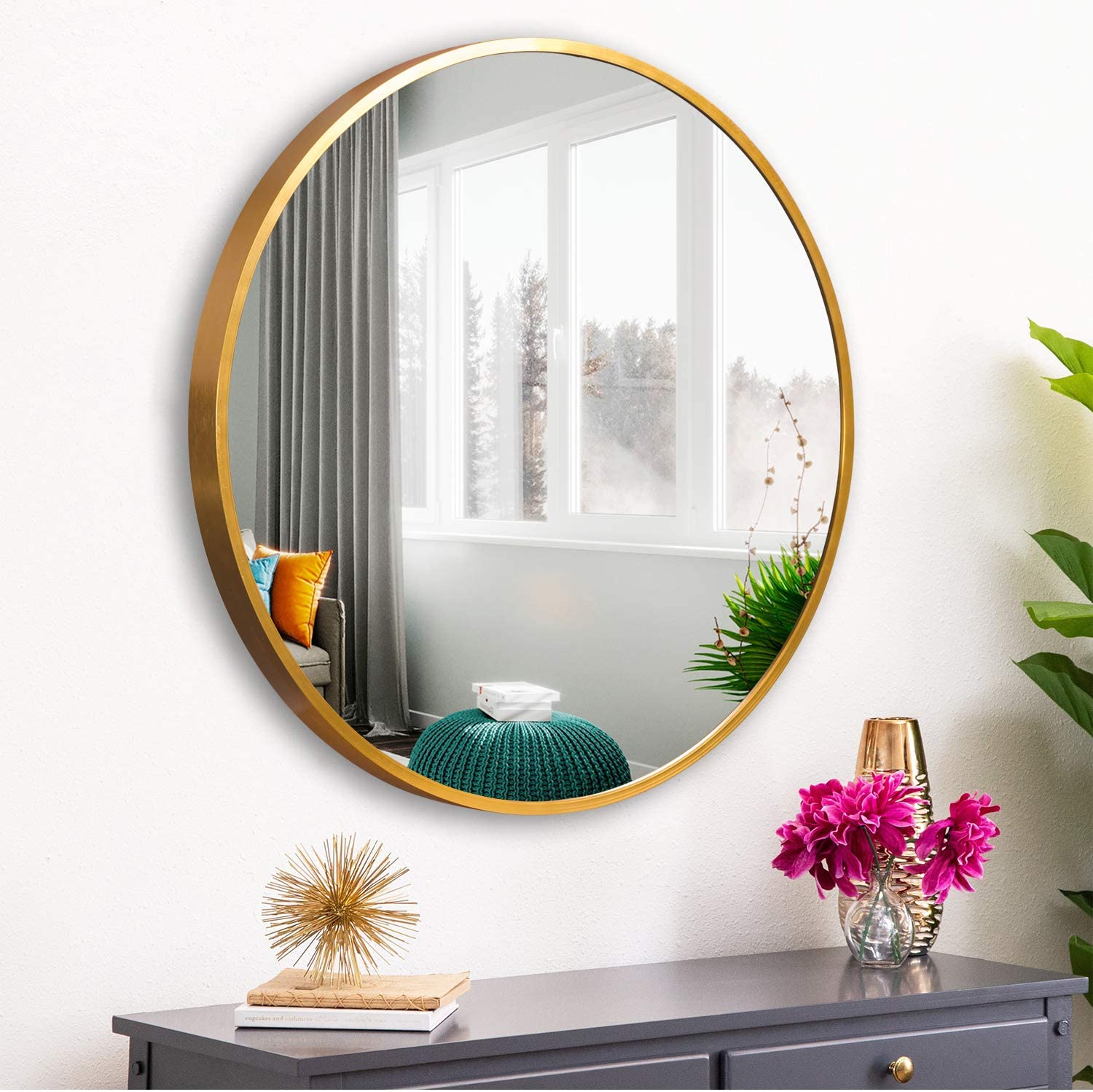 Neutype 28" Gold Round Wall Mirror, Modern Aluminum Alloy Frame Accent Wall-Mounted Decorative 