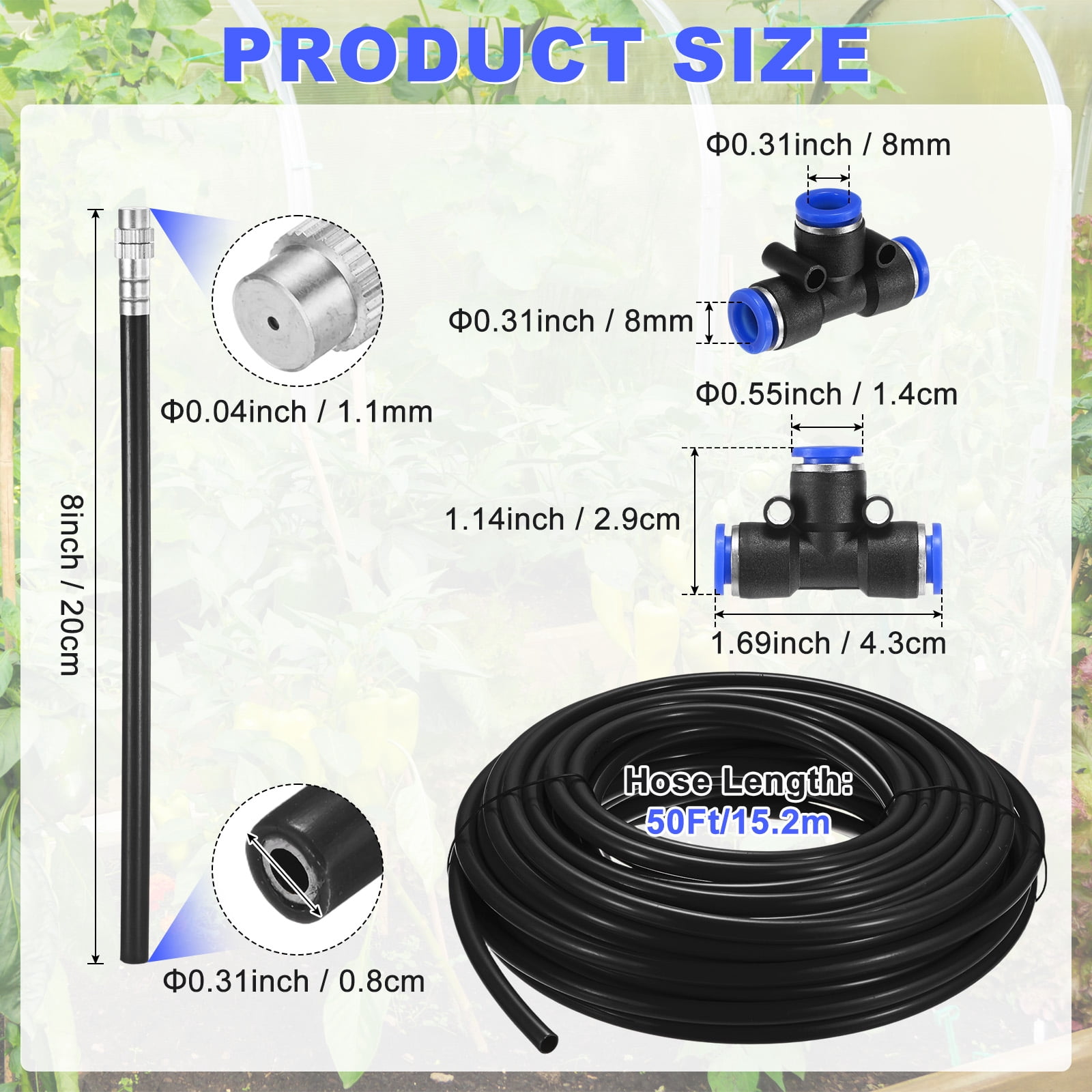 Uxcell 1-Set Drip Irrigation Systems, 50Ft 5/16" Hoses Garden Watering Misting System with 16pcs 360° Adjustable Copper Nozzles
