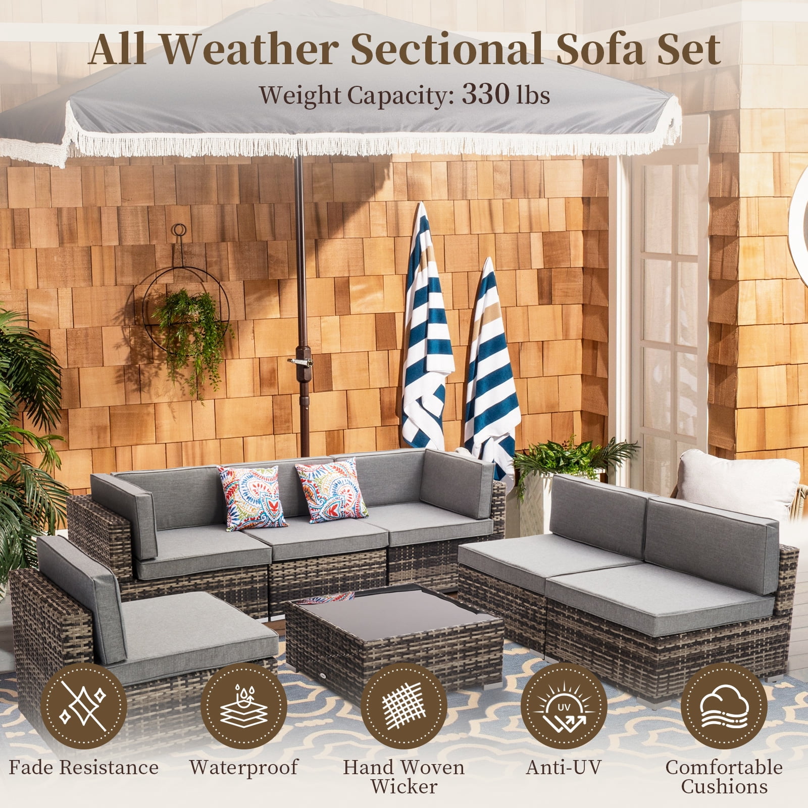 Capri PE Wicker Sectional Sofa Set, 6-Seat Outdoor Conversation Couch Set, 7 Pieces Rattan Patio Furniture Set for Porch Poolside Backyard, Quick Installation in 30 Mins, Brown