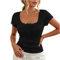 thumbnail image 2 of ClodeEU Women's Square Neck Henley Button Short Sleeve T-Shirt,Slim Fit Solid Color Casual Summer Top Black,Women's Plus XXL, 2 of 6