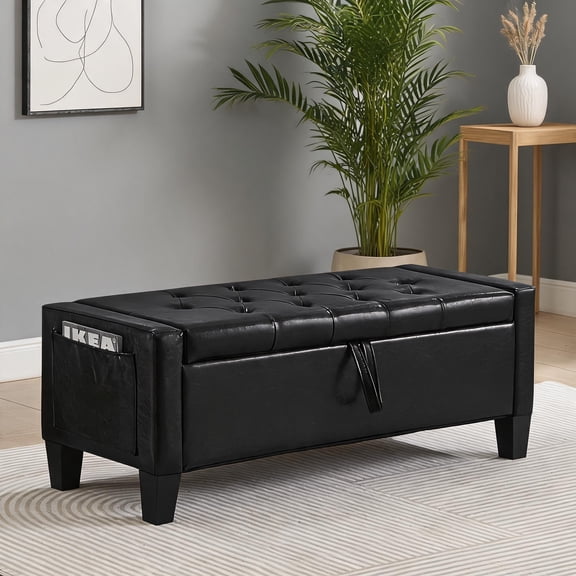 Upholstered Linen Storage Bench, 2-Person Seating for Bedroom Entryway, Deep Black Flip Top 45 Inch