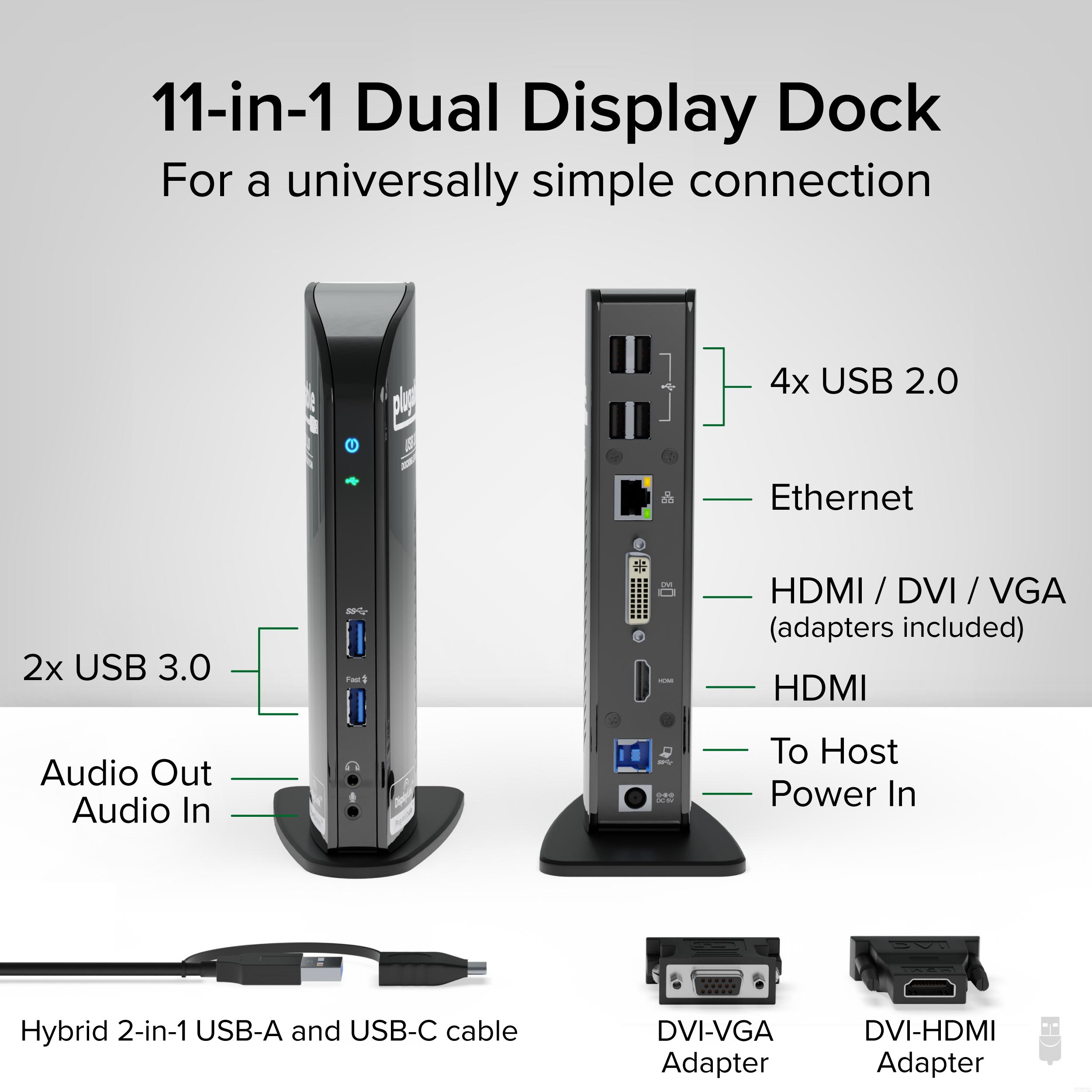 Plugable USB 3.0 Universal Laptop Docking Station Dual Monitor for Windows and Mac, USB 3.0 or USB-C, (Dual Video: HDMI and HDMI/DVI/VGA, Gigabit Ethernet, Audio, 6 USB Ports) - image 2 of 6