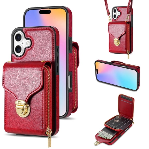 Feishell Crossbody Wallet Case for iPhone 16 with Detachable Shoulder Strap,Premium PU Leather Metal Snap Zipper Pocket Credit Card Holder Kickstand Phone Case for Women Men,Red