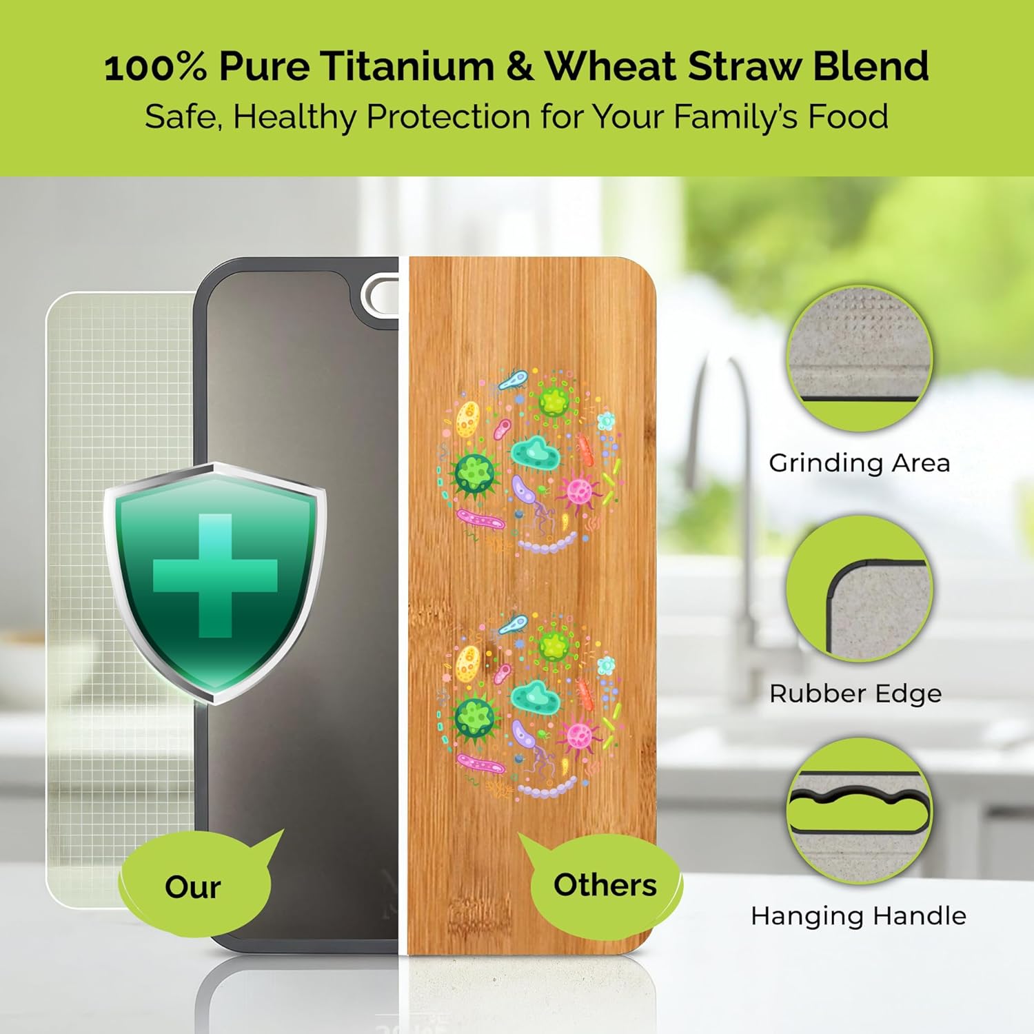 Titanium Cutting Board 14.3x9.7 | Double Sided Non-Slip | Built-In Knife Sharpener