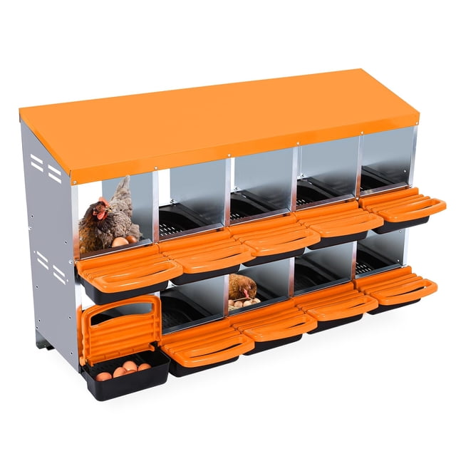 QinaQin Caja nido metálica de 2 niveles para gallinas, disponible en 6, 8 o 10 compartimentos, con techo impermeable y base estable