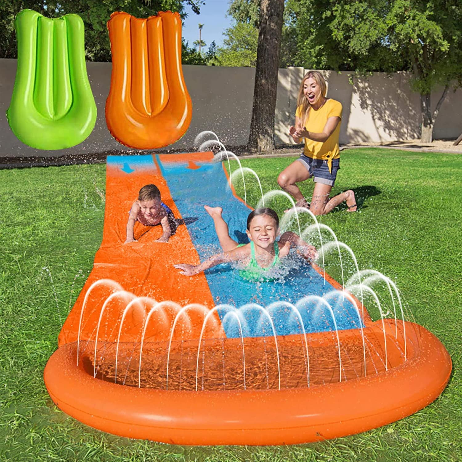 Triple Lane Inflatable Slip N Slide Aqua Splash to Have Outdoor Water Fun with All Family. This Big Sprinkler Race Kiddie Blow Up Above Ground Long Waterslide is Great for Kids & Children 