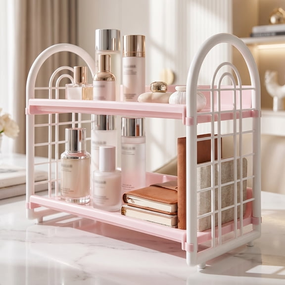 Liujiale Double Layer Desktop Storage Rack Desk Bookshelf Organizer, 2 Tier Hollow Tabletop Shelf for Dormitory Office, Pink