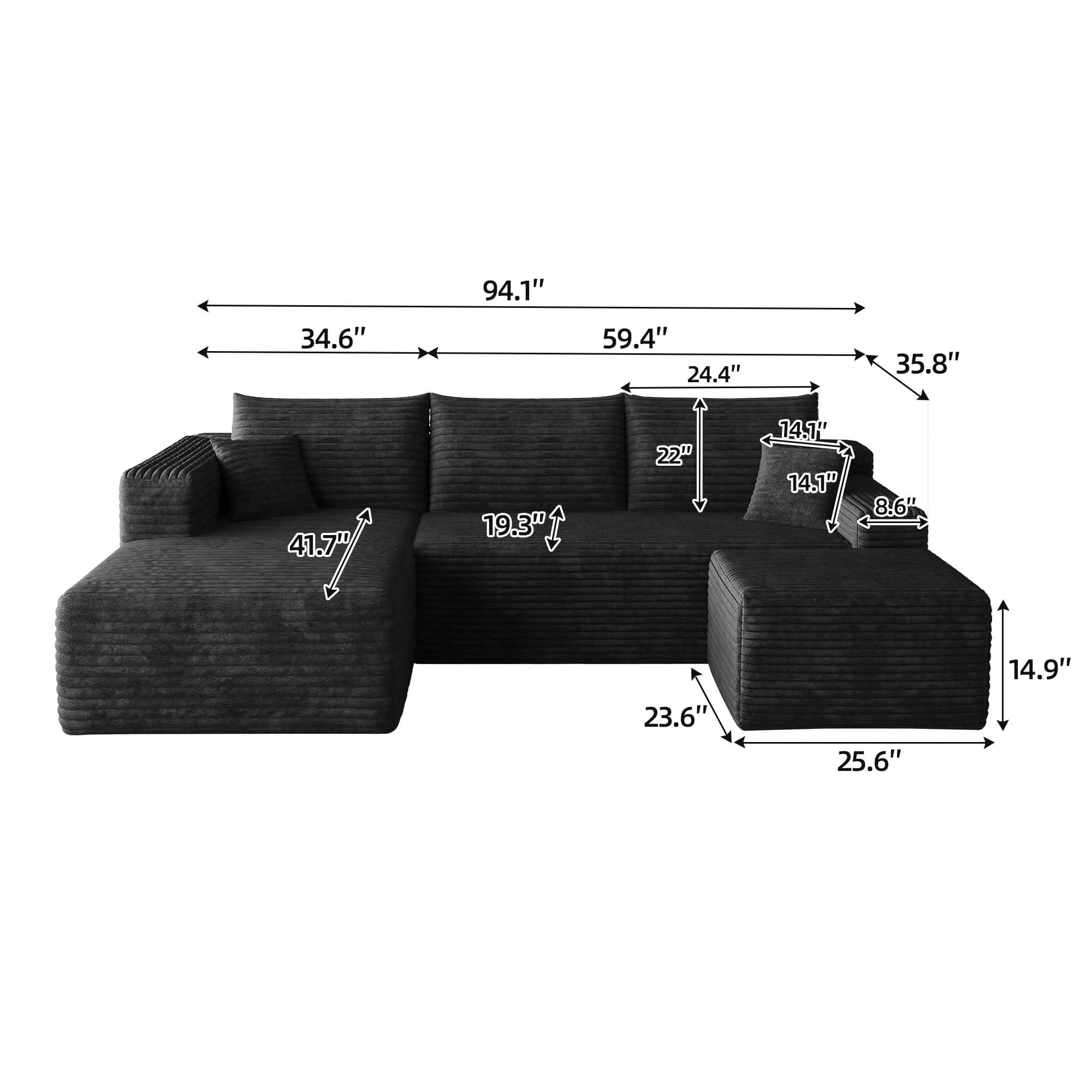 MAYEERTY 95 Inch Cloud U Shaped Sectional Sofa with Ottoman, Plush Corduroy Deep Seat Corner Couch, No Assembly Modern Minimalist Sofa for Living Room