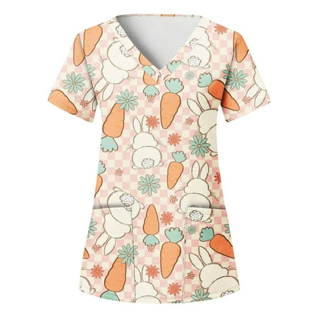 

netehipn Womens Scrub Tops Plus Size Business Short Sleeve Tshirts Teen Girls Easter with Designs Pocket Orange XXXL
