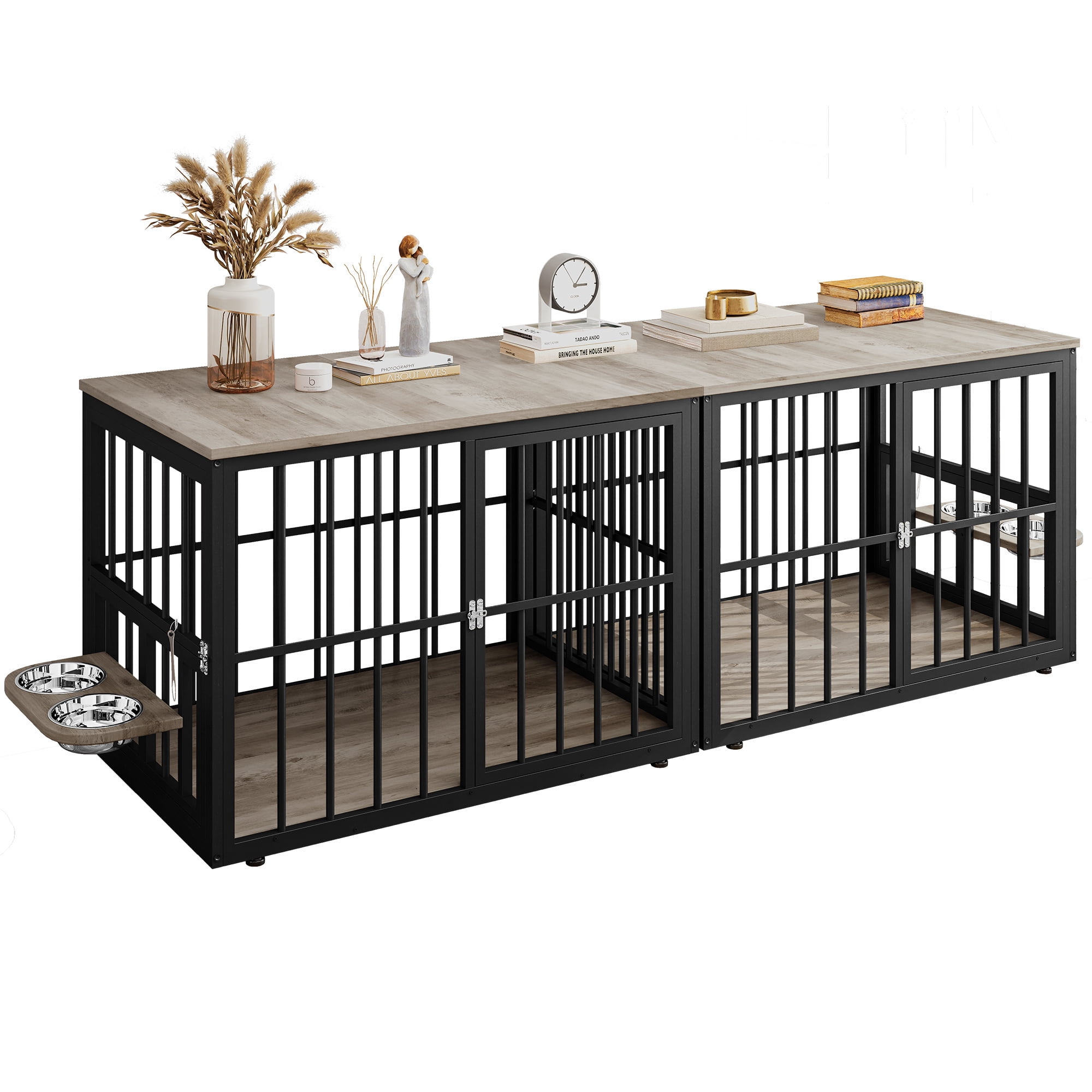 Uforic 88.6" Large Wooden Dog Crate Furniture with 3 Doors & 2 Rotatable Bowls, L-Shaped Adjustable Pet Cage TV Stand with Removable Partition for Medium Large Dogs, Gray