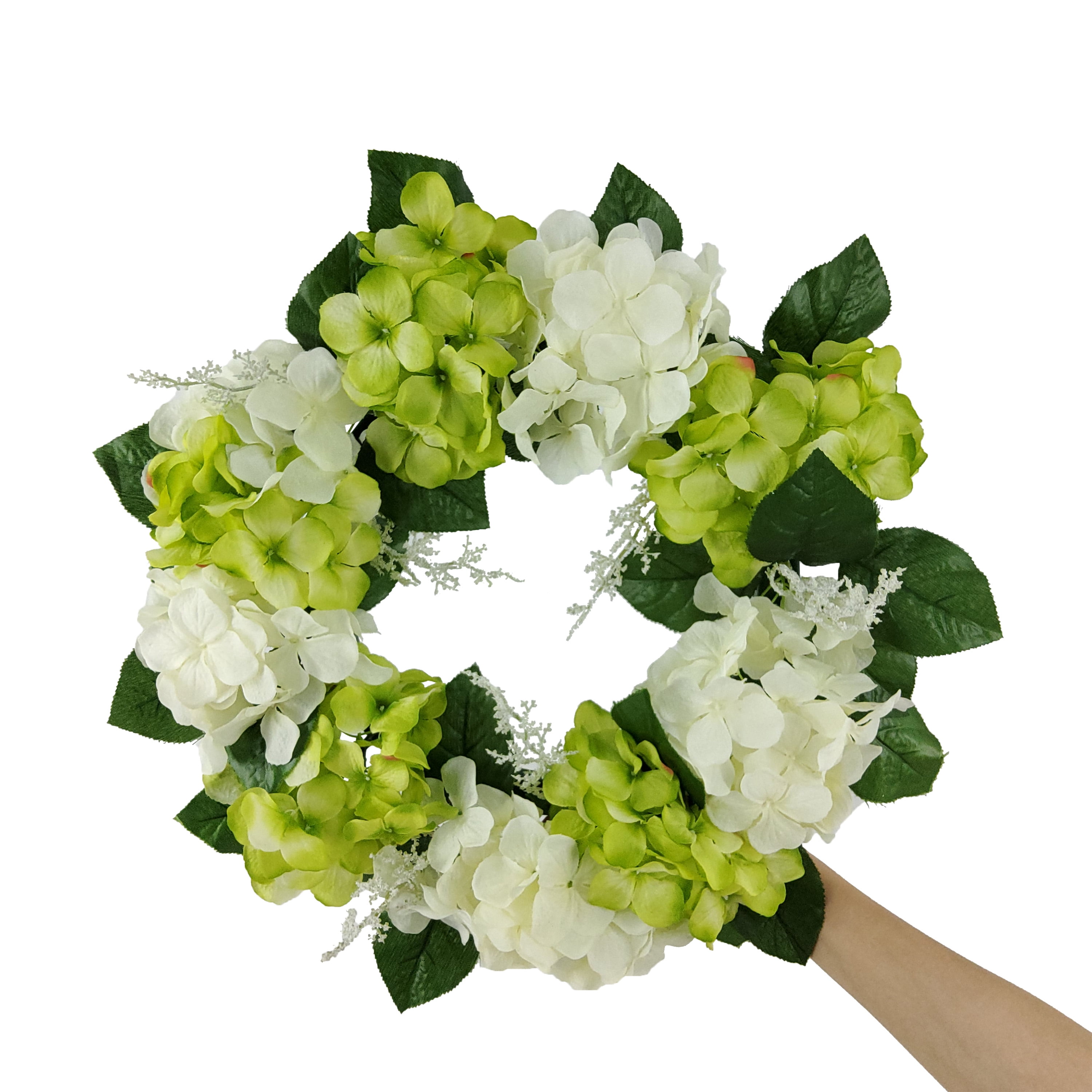 (2 pack) Mainstays 17in Indoor Artificial Hydrangea Wreath, Green Color. Made of Polyester.