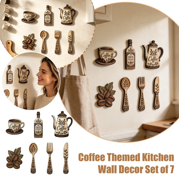 Coffee Decorations for Coffee Bar 7 Piece Rustic Wooden Vintage Wall Art for Farmhouse Kitchen Coffee Station Home Decor