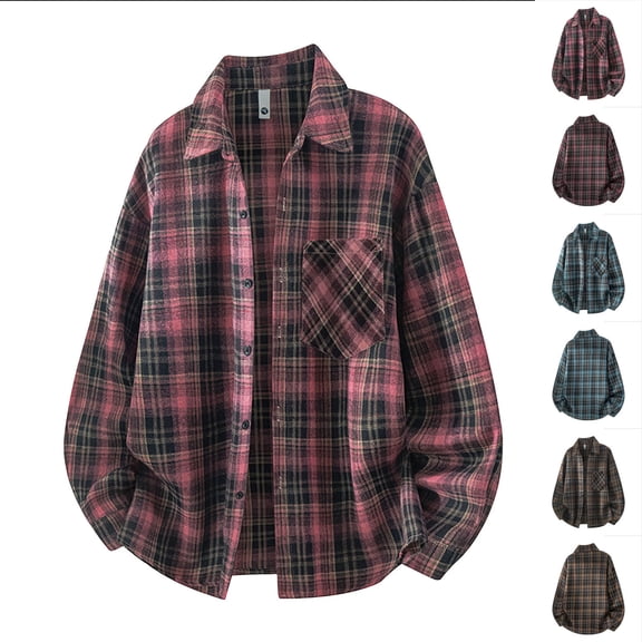 Gamivast Plaid Shirts for Men-Oversized Long Sleeve Button Down Shirt with Pockets Fall Collared Flannel Shirts Fall Jackets Hot Pink XL