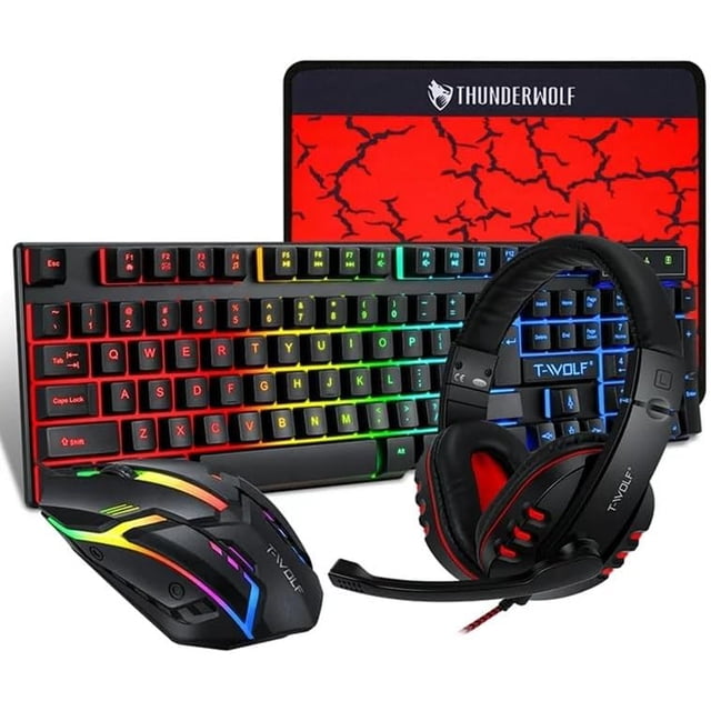 TECLADO + MOUSE + AUDIFONOS + MOUSE PAD Gamer RGB Gaming Combo 4 en 1 T-Wolf TF800