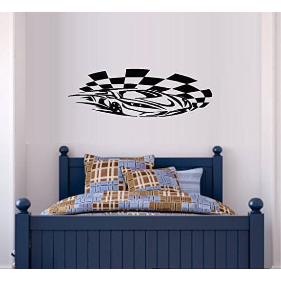 Decal ~ Race Car with Checkered Flag ~ Wall Decal, 10" x 30"