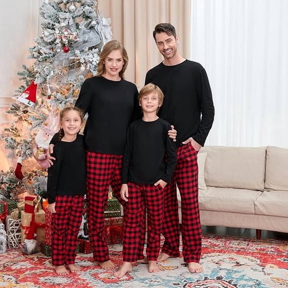 Family Matching Christmas Pajamas Set Plaid Print Holiday Dad Mom Kids Baby Pet Pjs Sleepwear