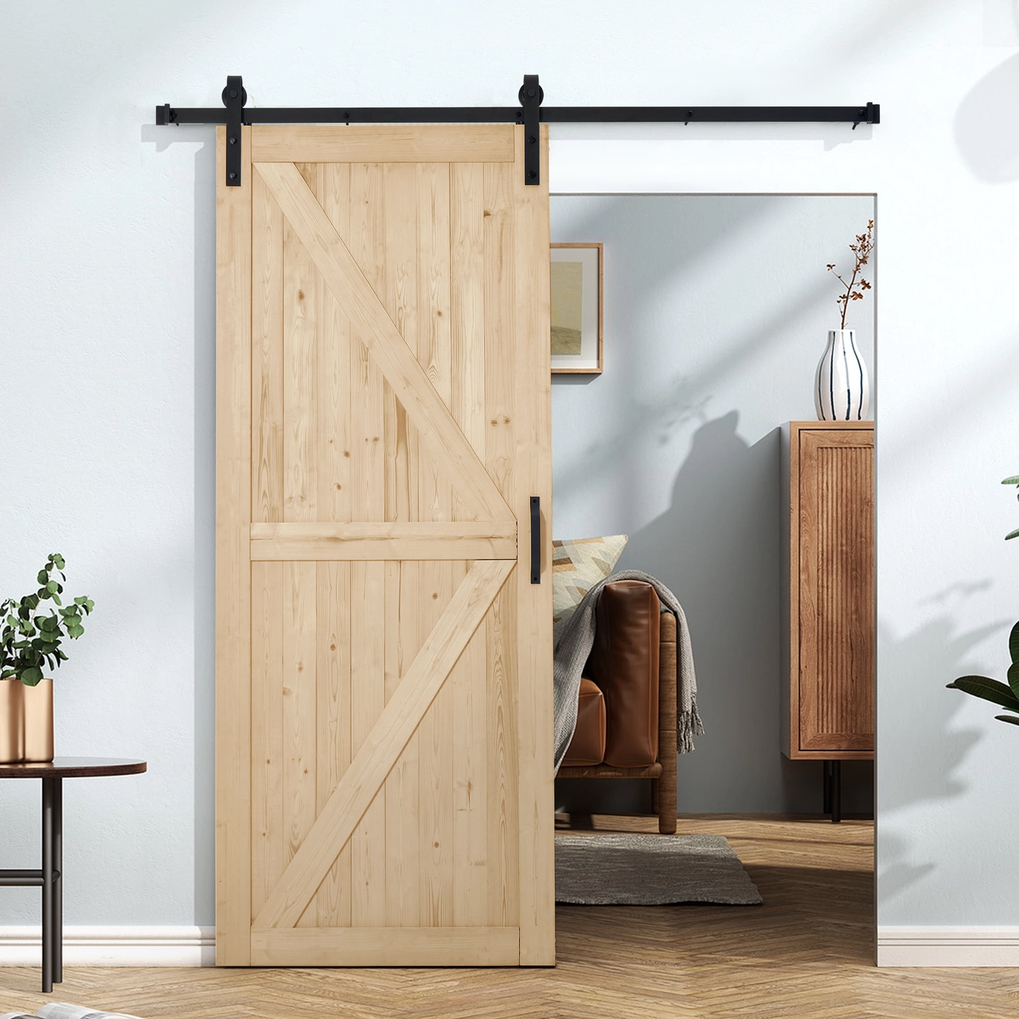 MELLCOM 36x84in Spruce Sliding Barn Door with 6.6FT Hardware Kit, DIY Stainable for Closet & Interior Rooms, Natural
