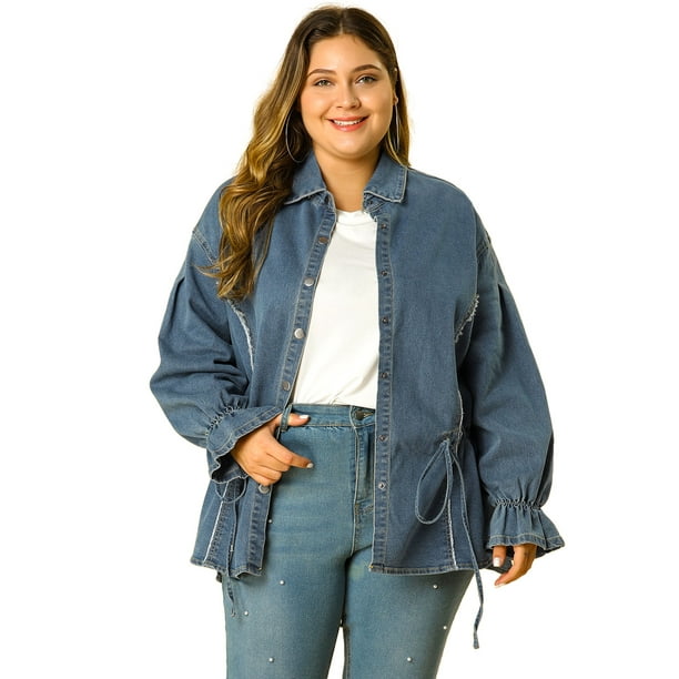 Camisa Vaquera Agnes Orinda de Cambray con Cinturón Manga Larga Top Talla Grande para Mujer Azul 3X