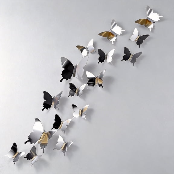 60 Pcs 3D Mirror Butterfly Wall Decor, Silver Removable DIY Butterfly Wall Stickers for Home, Bedroom, Living Room, Classroom, and Party Decorations